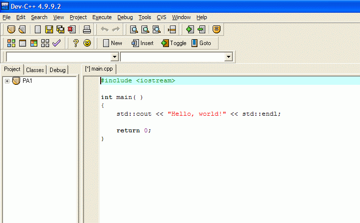 Dev c++ code hello world